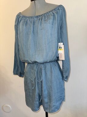 Off Shoulder Chambray Romper Tencel Tie Waist Boho Summer Cover Up M NWT